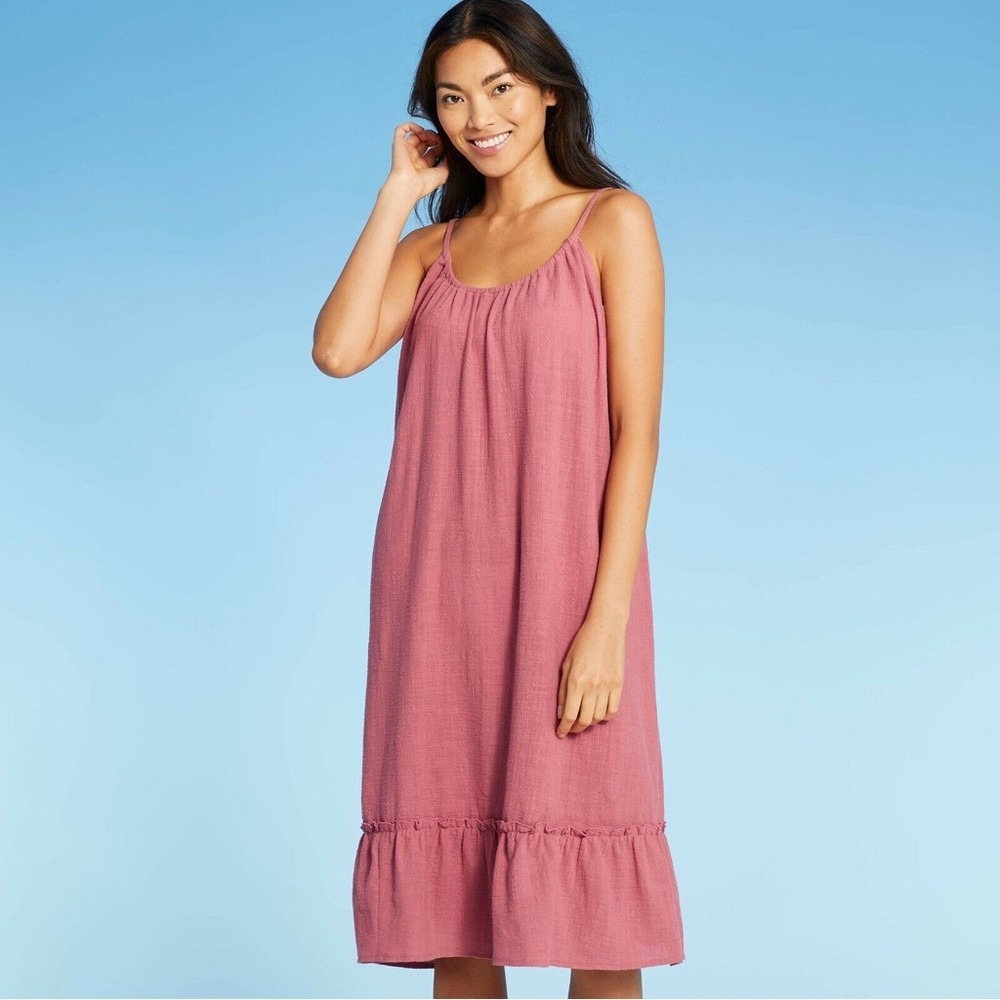 New Kona Sol Swim Cover Up Midi Dress Sm Rose Pink Cotton‎ Boho Beach Cruise